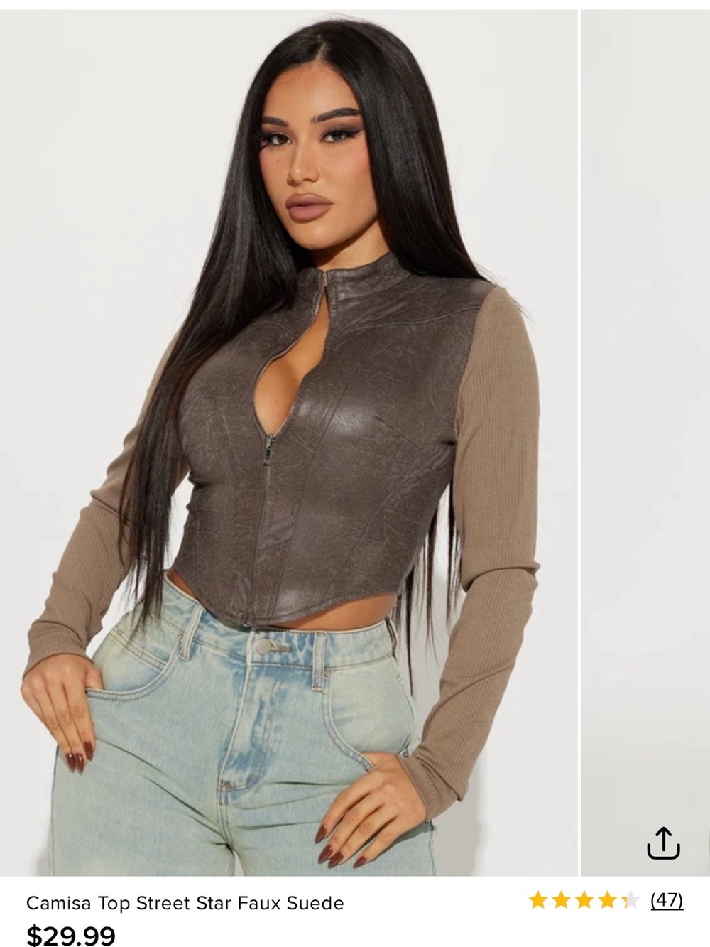 Faux Suede Two-Tone Zip Front Top - Brown/Tan